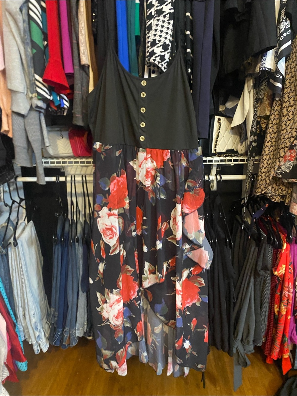 SHEIN Black High-Low Floral Dress with Red & White Roses